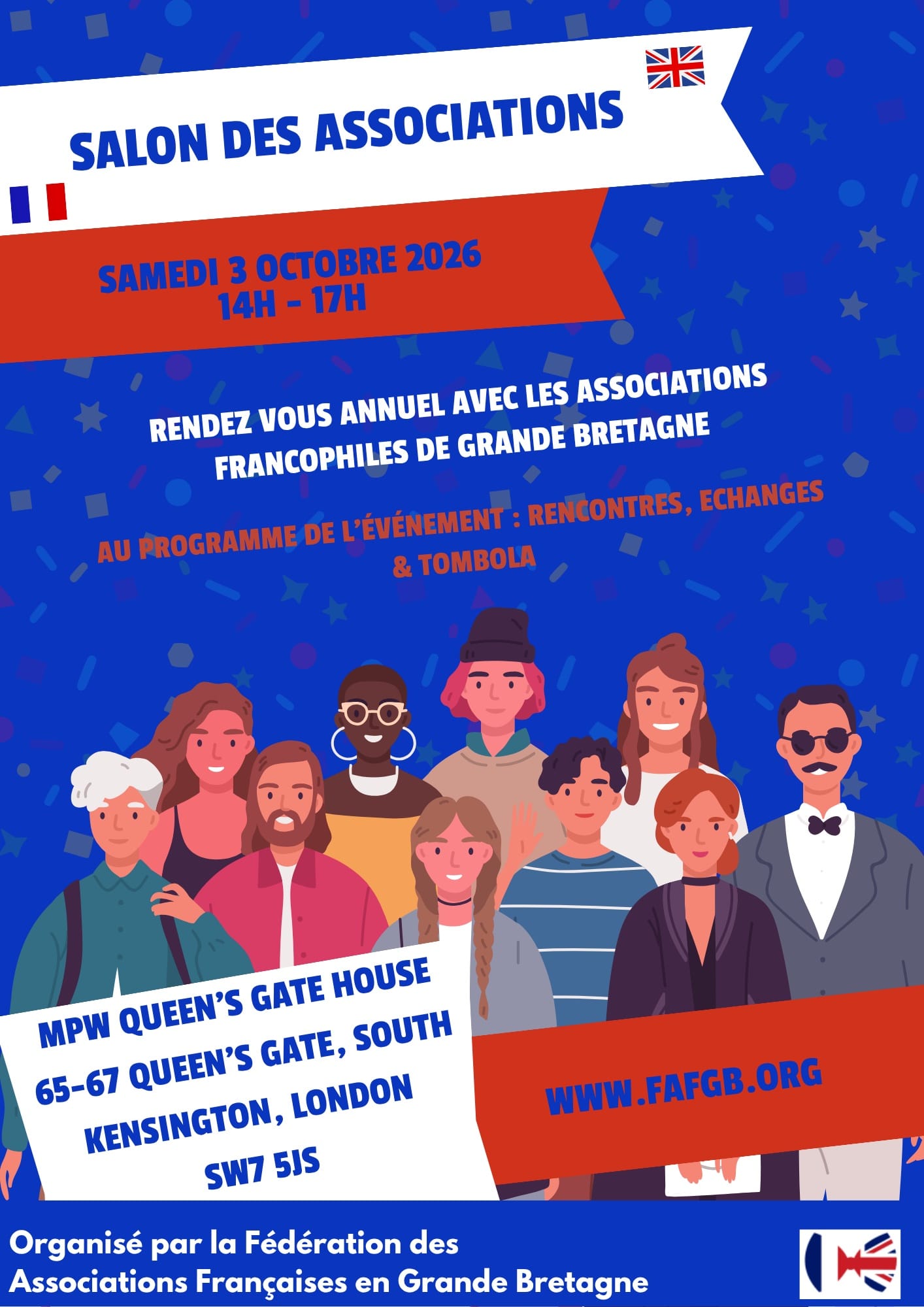 Affiche du Salon des Associations de la FAFGB, samedi 3 octobre 2026 de 14h à 17h, MPW Queen's Gate House, South Kensington