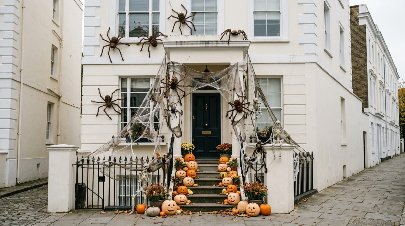 Une façade de maison londonienne richement décorée de citrouilles et de toiles d'araignée pour Halloween.