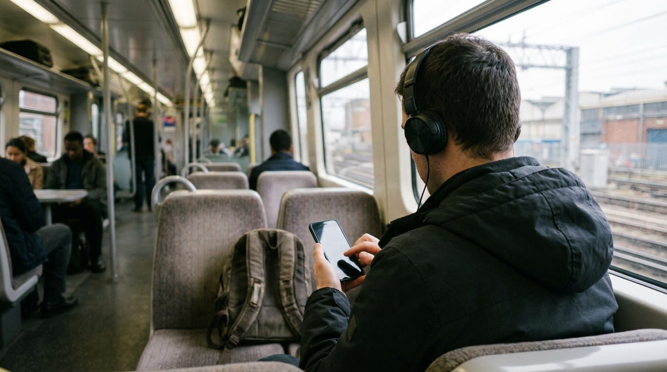 Un voyageur écoute de la musique au casque dans un train britannique