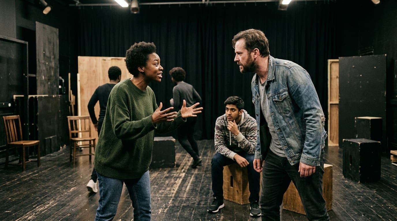 Répétition d'une troupe internationale sur une petite scène londonienne.
