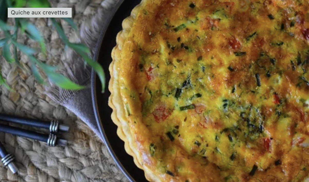 Quiche aux crevettes, légumes, gingembre, citron vert et basilic