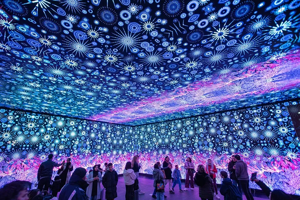 Photo d'une salle avec les visiteurs observant les écrans sur tous les murs et le plafond affichant des dessins abstrait