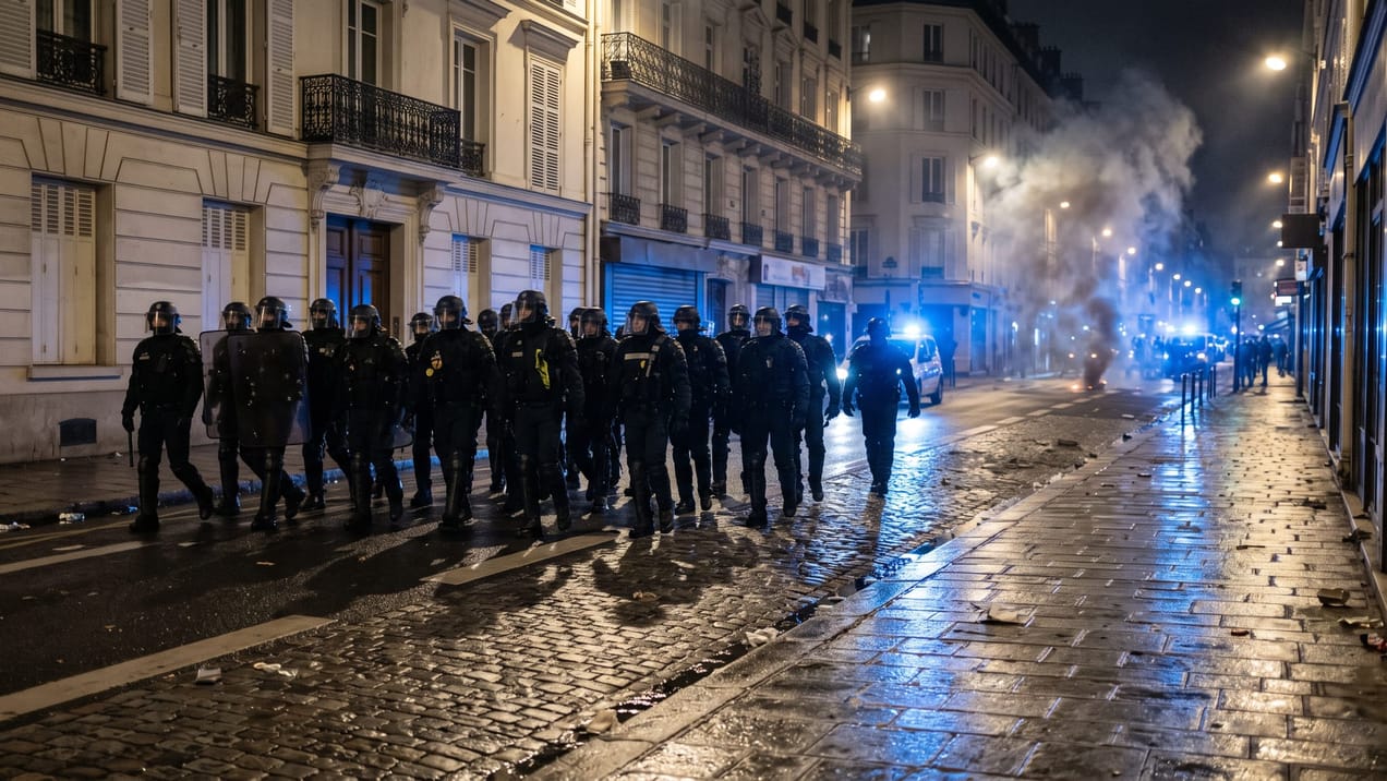 Des forces de l'ordre françaises encadrent une rue de nuit lors de violences urbaines.