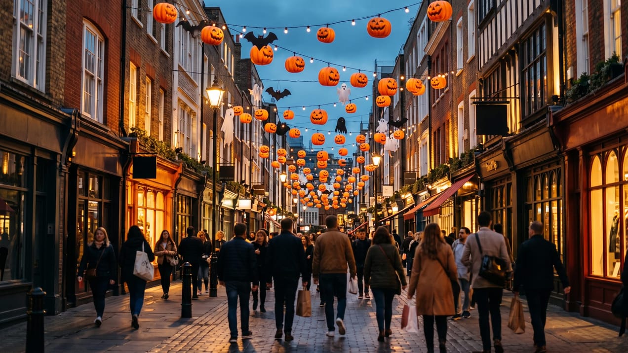 Une rue commerçante londonienne décorée de citrouilles et de lanternes pour Halloween à la tombée du jour.