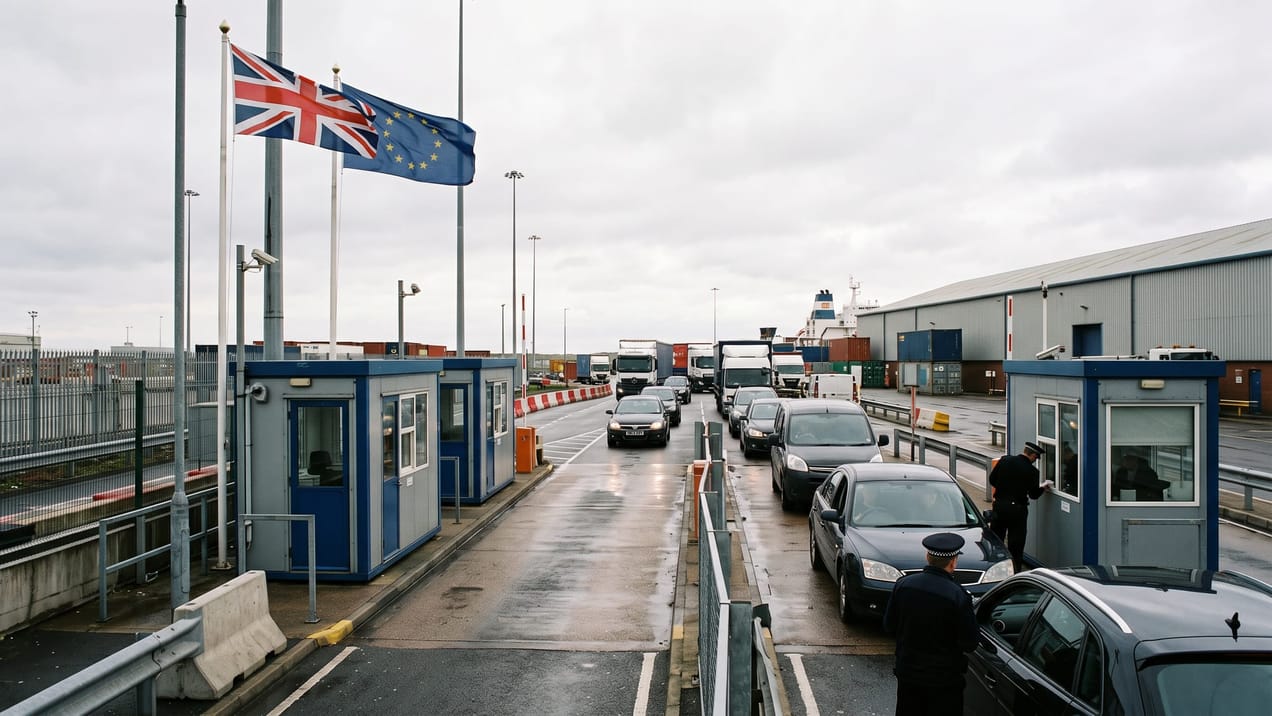 Un poste de contrôle frontalier avec les drapeaux britannique et européen flottant côte à côte.