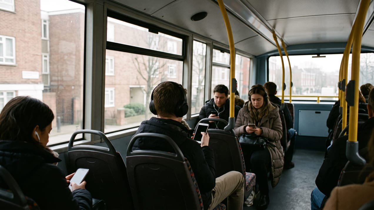 Intérieur d'un bus londonien avec des passagers utilisant leurs téléphones