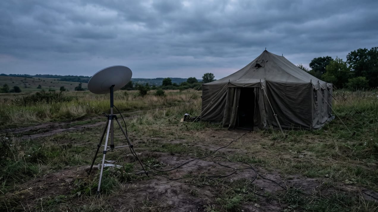 Un terminal satellite Starlink installé en extérieur, symbole de la connectivité militaire en Ukraine.