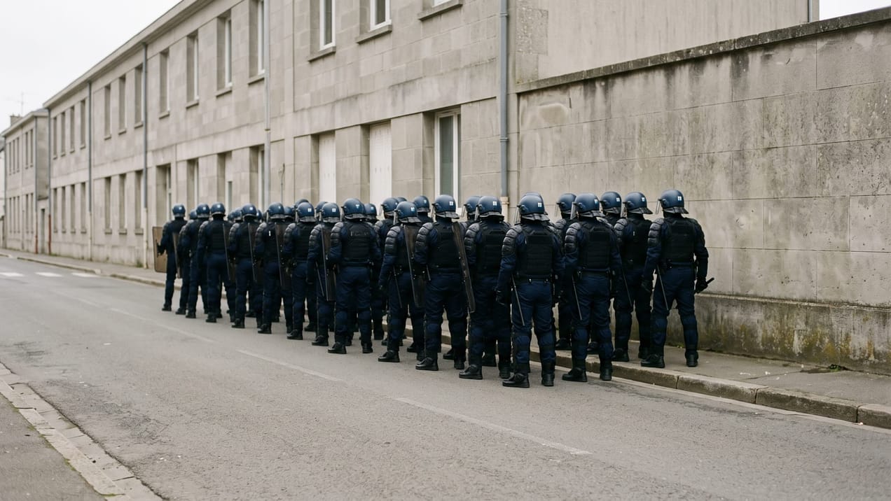 Des forces de l'ordre françaises encadrent une rue près d'un lycée lors d'une mobilisation.