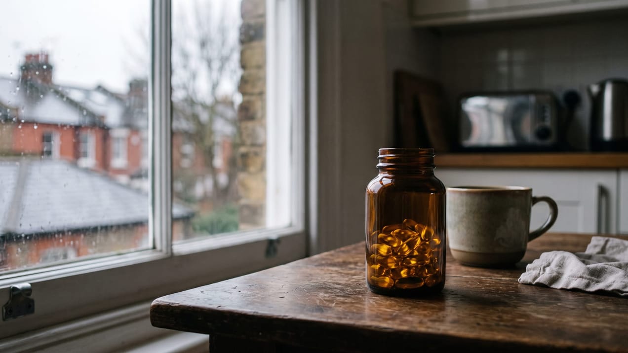 Un flacon de compléments de vitamine D posé près d'une fenêtre sous la lumière grise d'un hiver londonien.