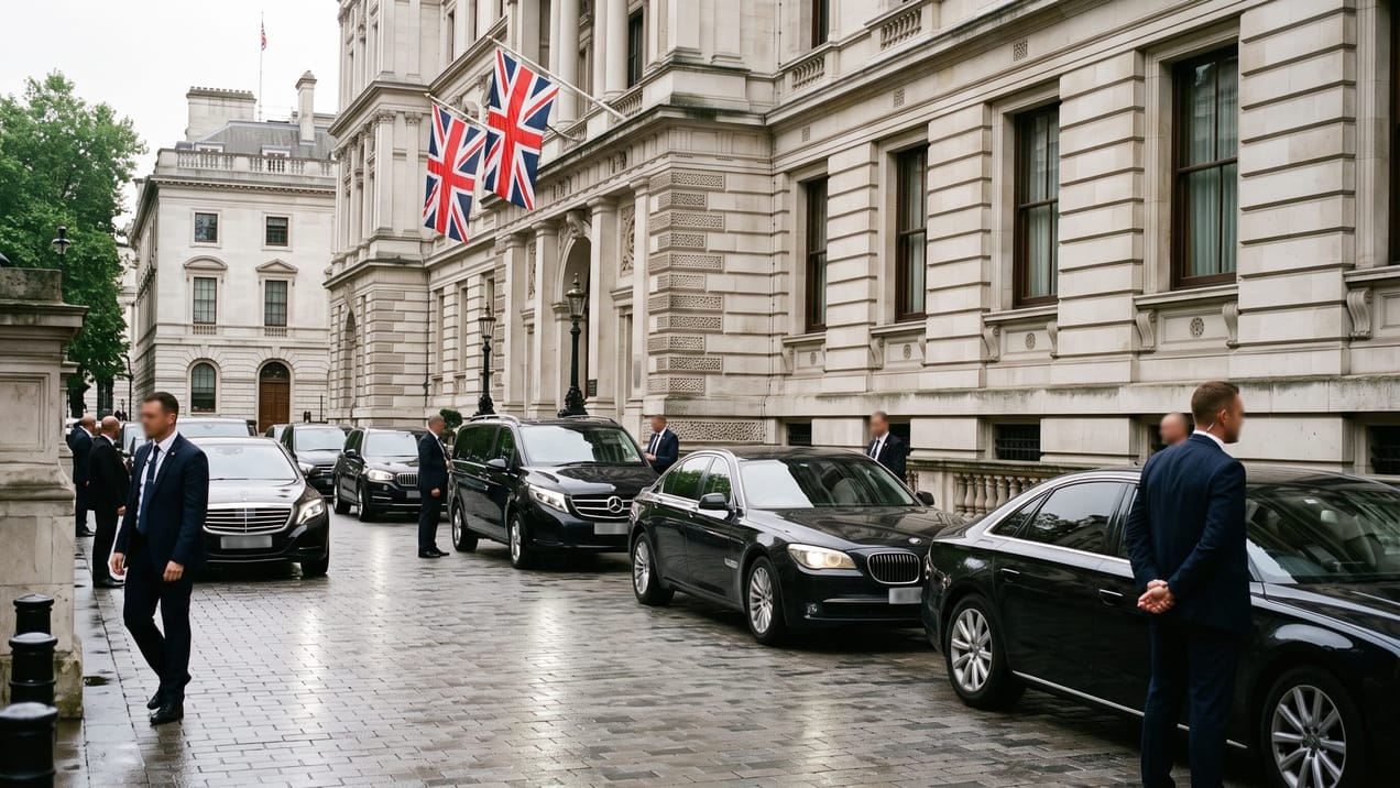Cortège diplomatique arrivant devant un bâtiment gouvernemental à Westminster, Londres.