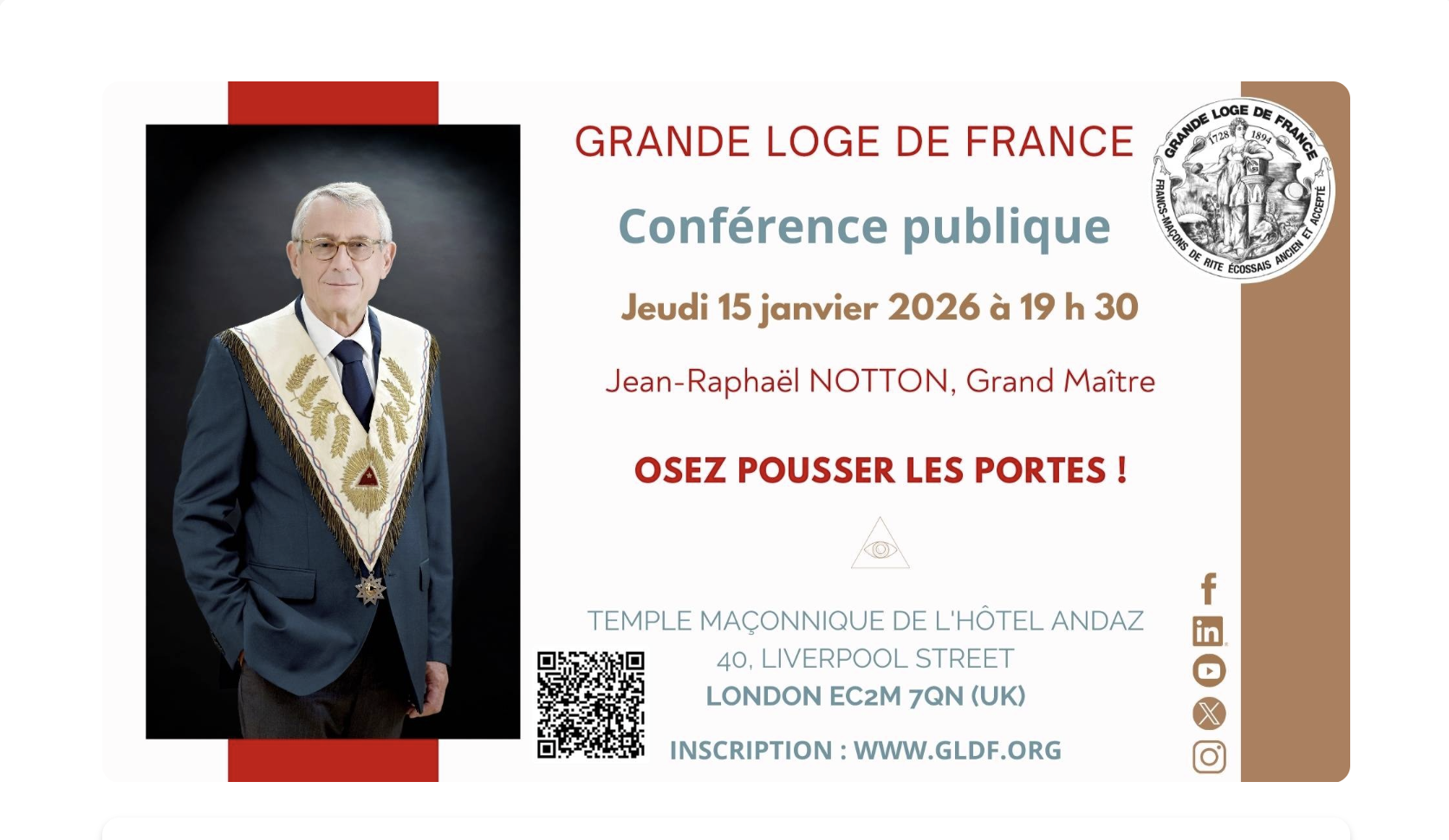 Conférence publique, gratuite, ouverte à toutes et tous du Grand Maître de la Grande Loge de France le 15 janvier 2026